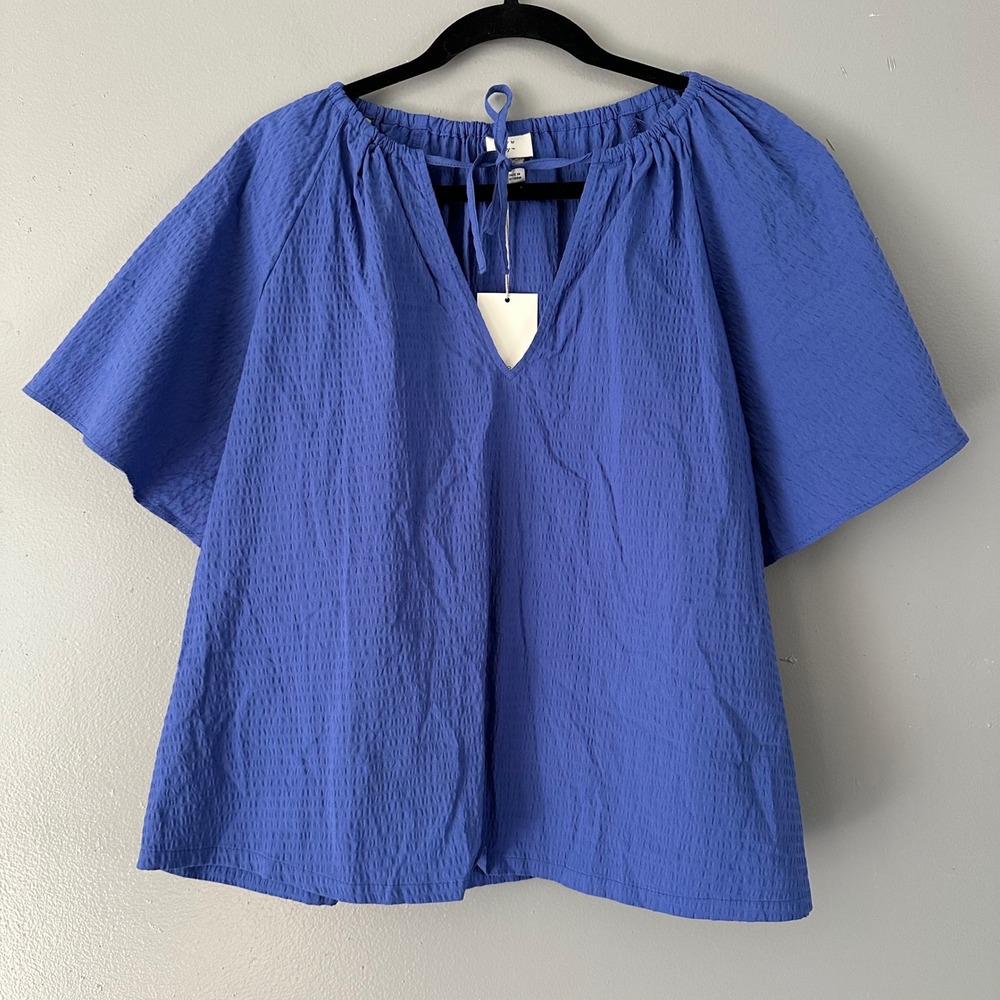 A New Day Blue Tie V-Neck Ruffle Sleeve‎ Oversized Blouse MEDIUM NWT